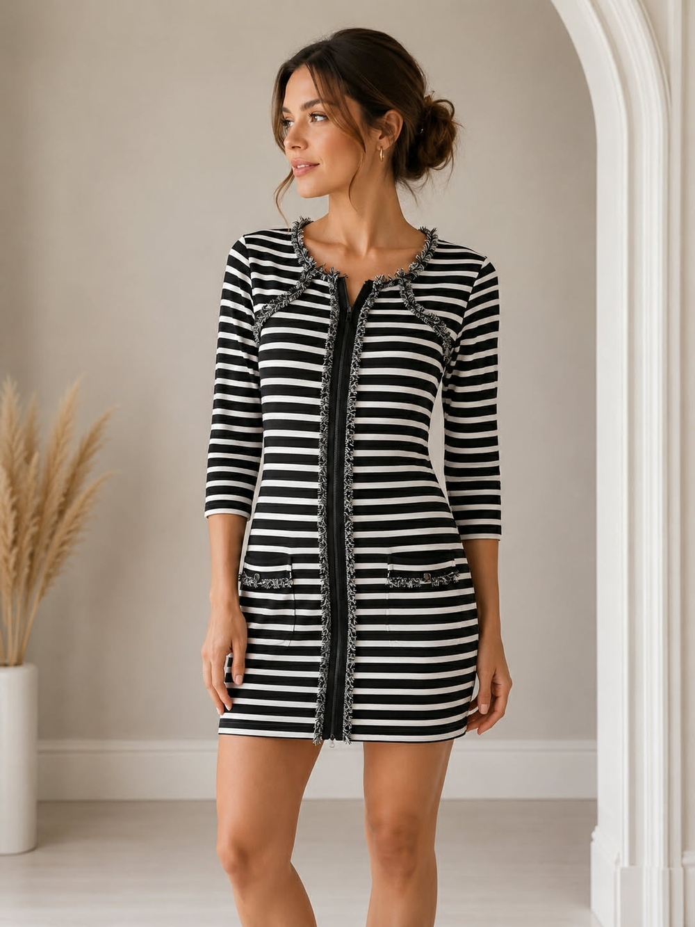 Marc Cain Black and White Striped Mini Dress